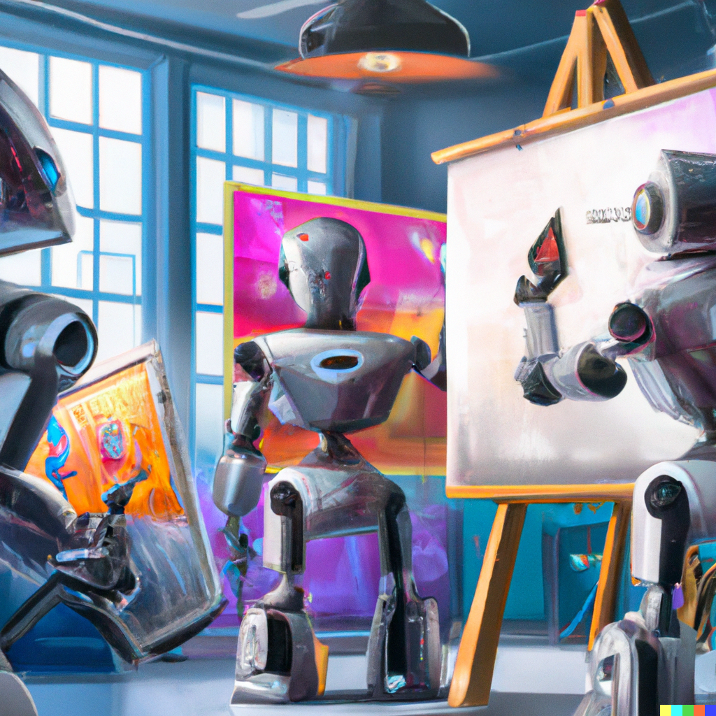 Three robots draw pictures in an art class, digital drawing by Dall-E 2
